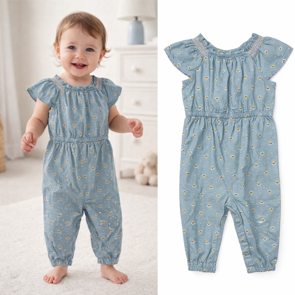 Emma’s Garden Organic Cotton Baby Girl Romper 12M Blue Floral Jumpsuit